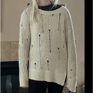 90s Calvin Klein Ivory Crochet Destroyed Distressed Split Hem Sweater M